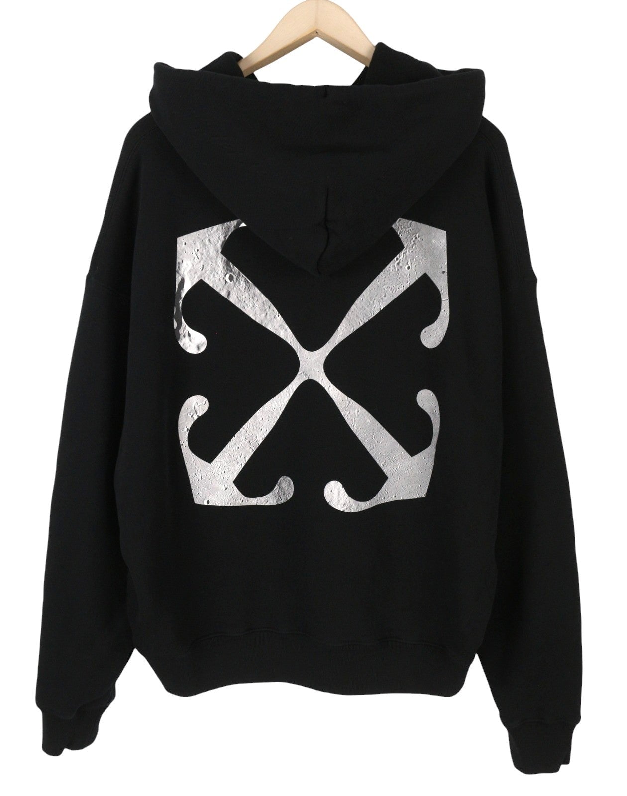 OFF-WHITE Men Hoodie L Black Kangaroo Pocket Logo Print Oversized RRP765