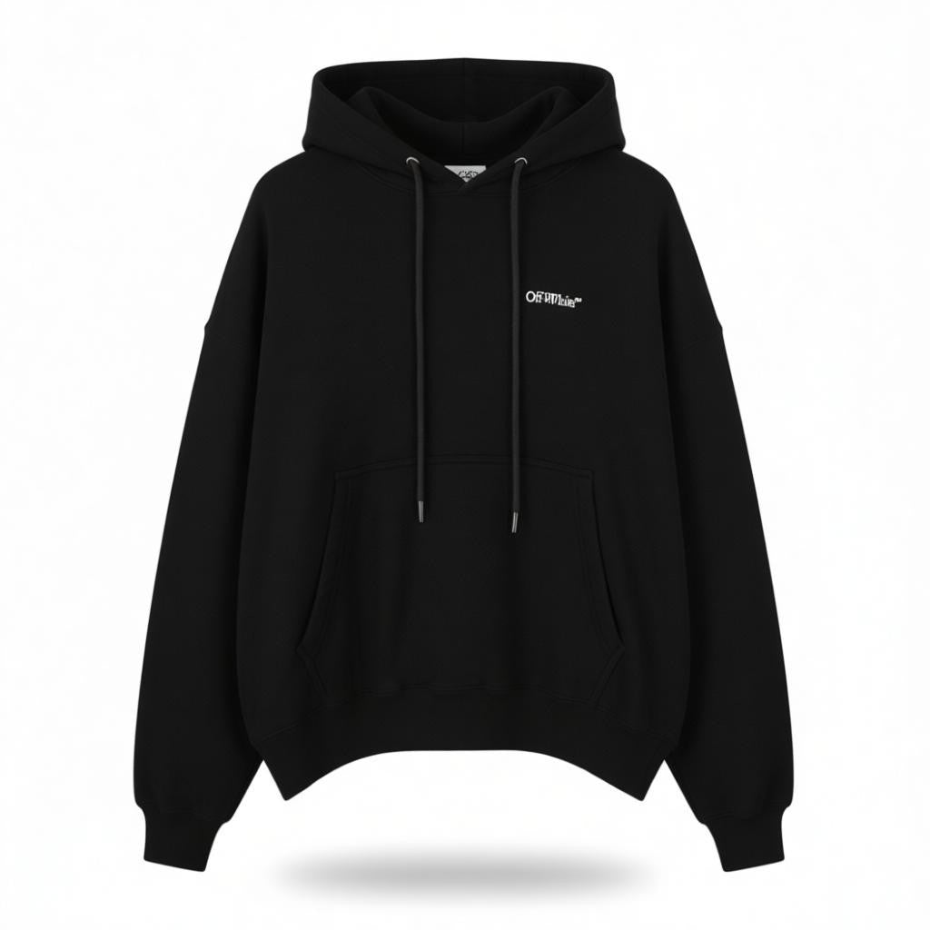 OFF-WHITE Men Hoodie L Black Kangaroo Pocket Logo Print Oversized RRP765