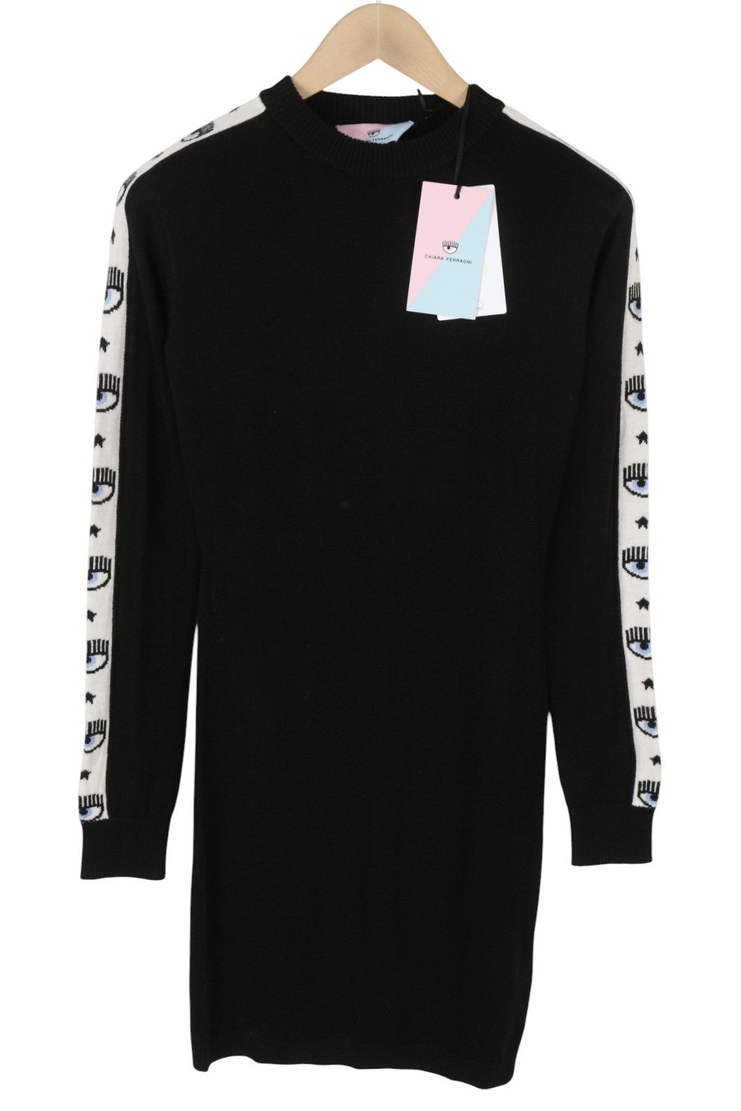 CHIARA FERRAGNI Logomania Tape Women Dress M Black Wool Blend Knit Logo RRP297