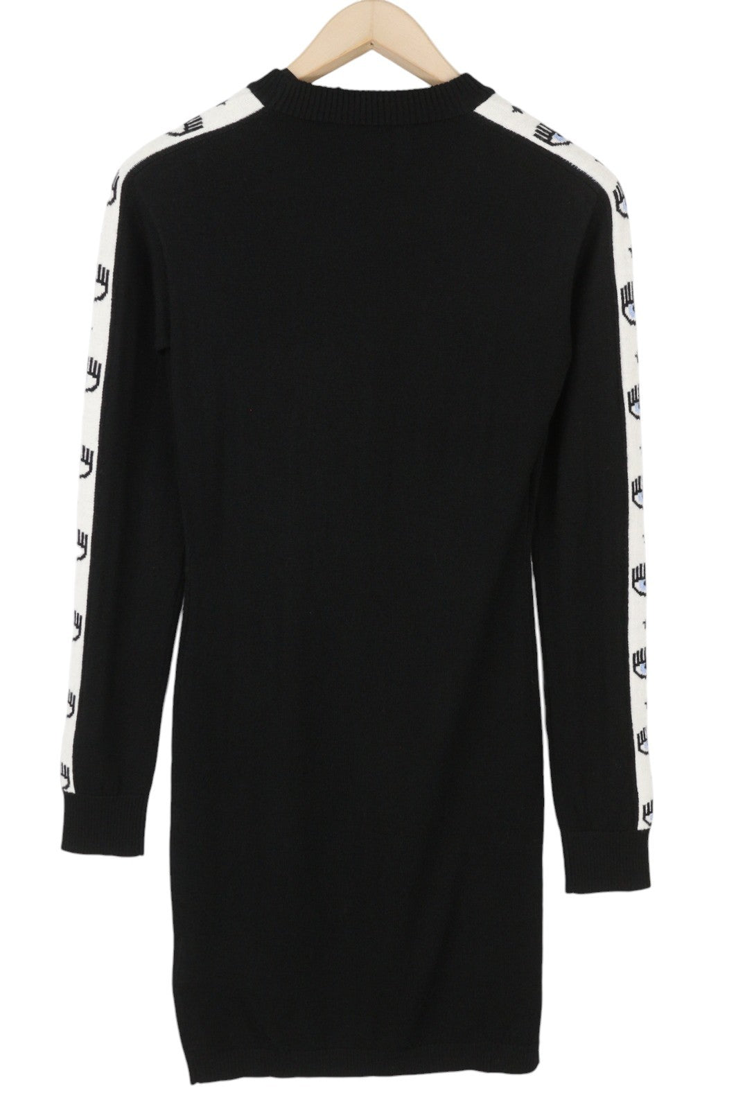 CHIARA FERRAGNI Logomania Tape Women Dress L Black Wool Blend Knit Logo RRP297