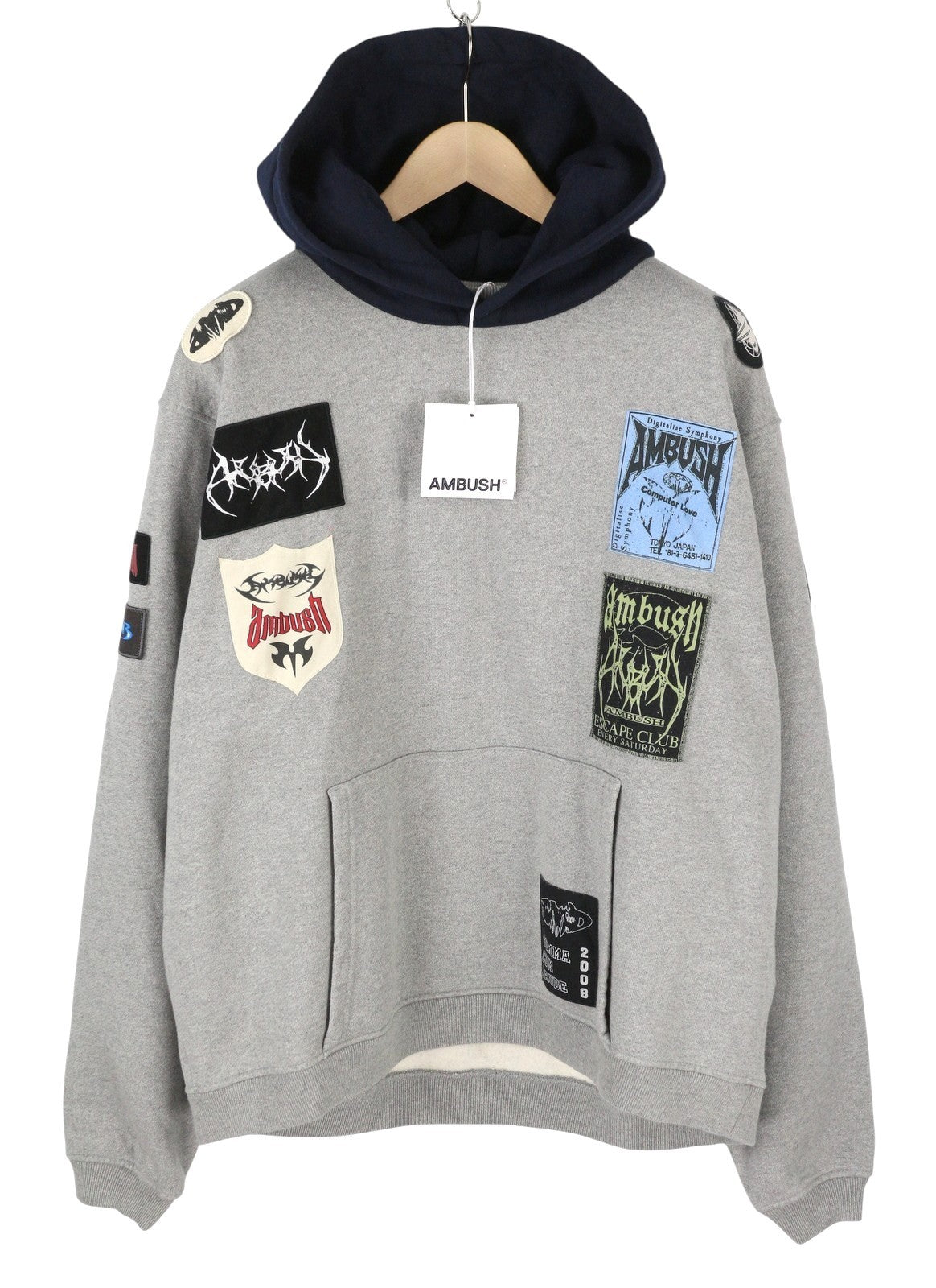 AMBUSH Logo-Patchwork Cotton Men Hoodie M Grey Melange Kangaroo Pocket RRP845
