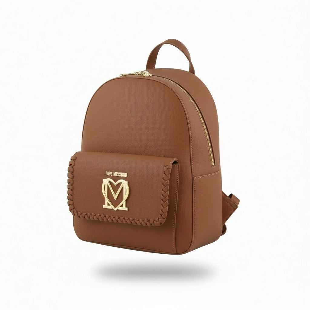 LOVE MOSCHINO Zaino PU Cammello Women Bag OS Brown Logo Zipped Backpack RRP232
