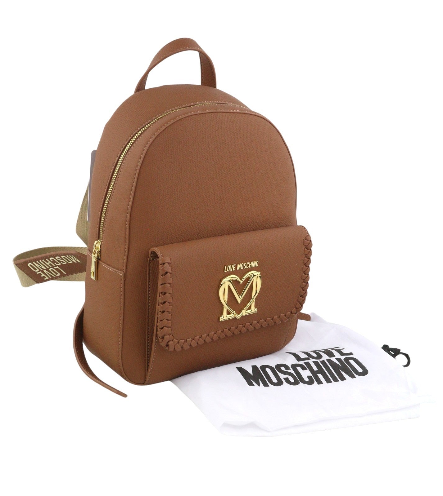 LOVE MOSCHINO Zaino PU Cammello Women Bag OS Brown Logo Zipped Backpack RRP232