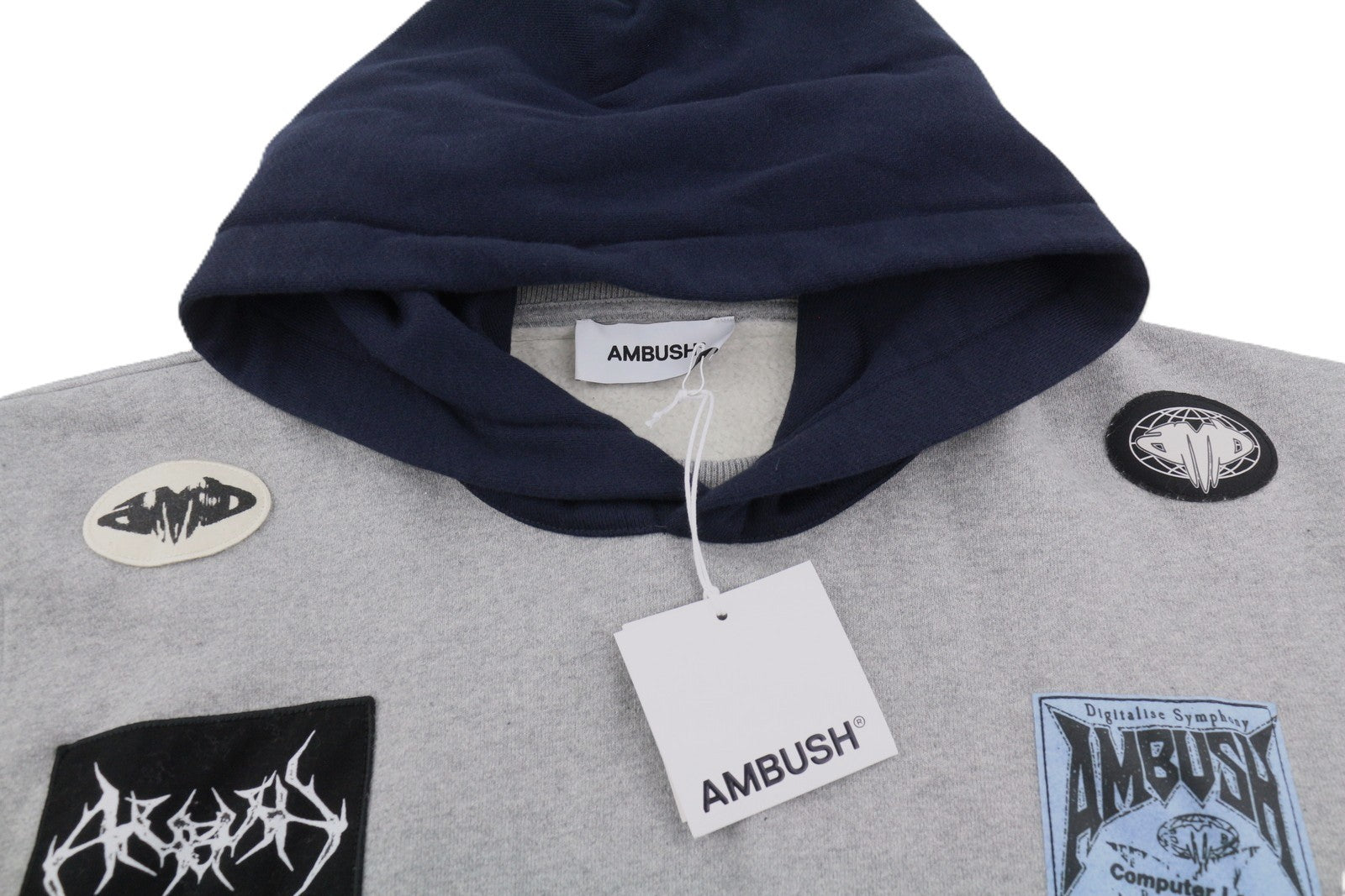 AMBUSH Logo-Patchwork Cotton Men Hoodie L Grey Melange Kangaroo Pocket RRP845
