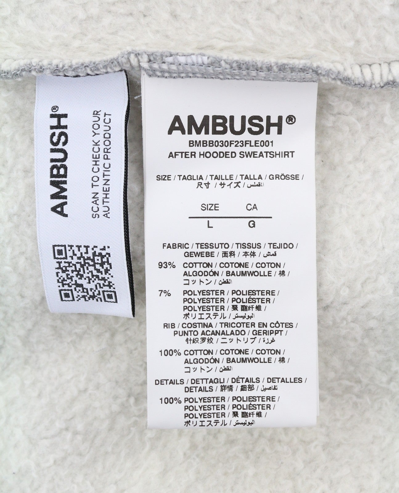 AMBUSH Logo-Patchwork Cotton Men Hoodie L Grey Melange Kangaroo Pocket RRP845