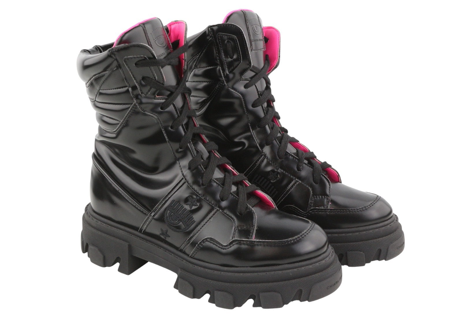 CHIARA FERRAGNI Vegan Abraded Leather Women Boots EU38 Black Chunky Sole RRP322