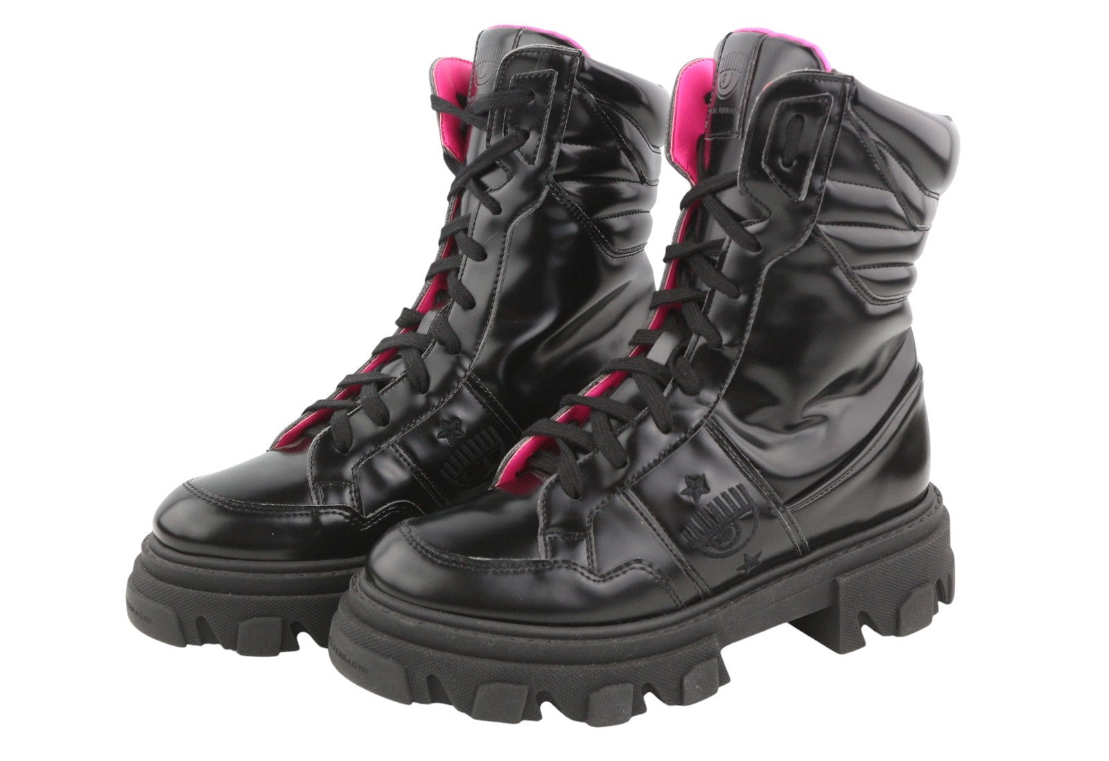 CHIARA FERRAGNI Vegan Abraded Leather Women Boots EU38 Black Chunky Sole RRP322