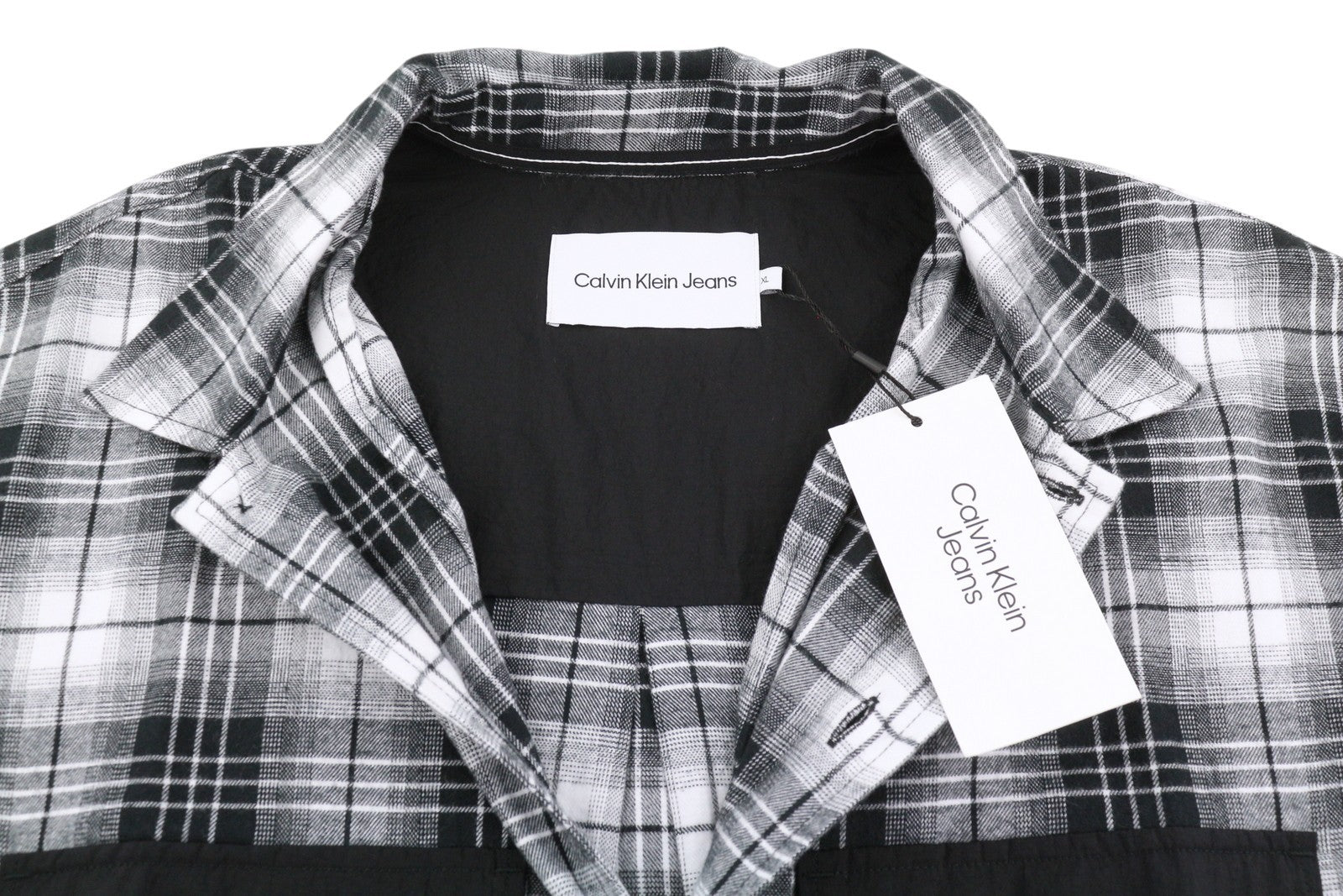 CALVIN KLEIN Men Shirt XL Flannel Plaid Patch Pockets Spread Neck Logo Casual