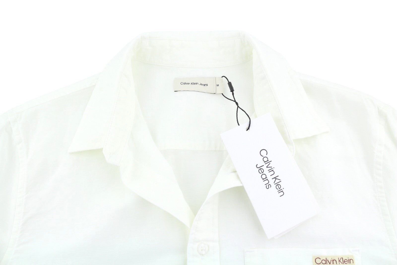 CALVIN KLEIN Men Shirt M White Linen Blend Spread Neck Button-Up Patch Pocket
