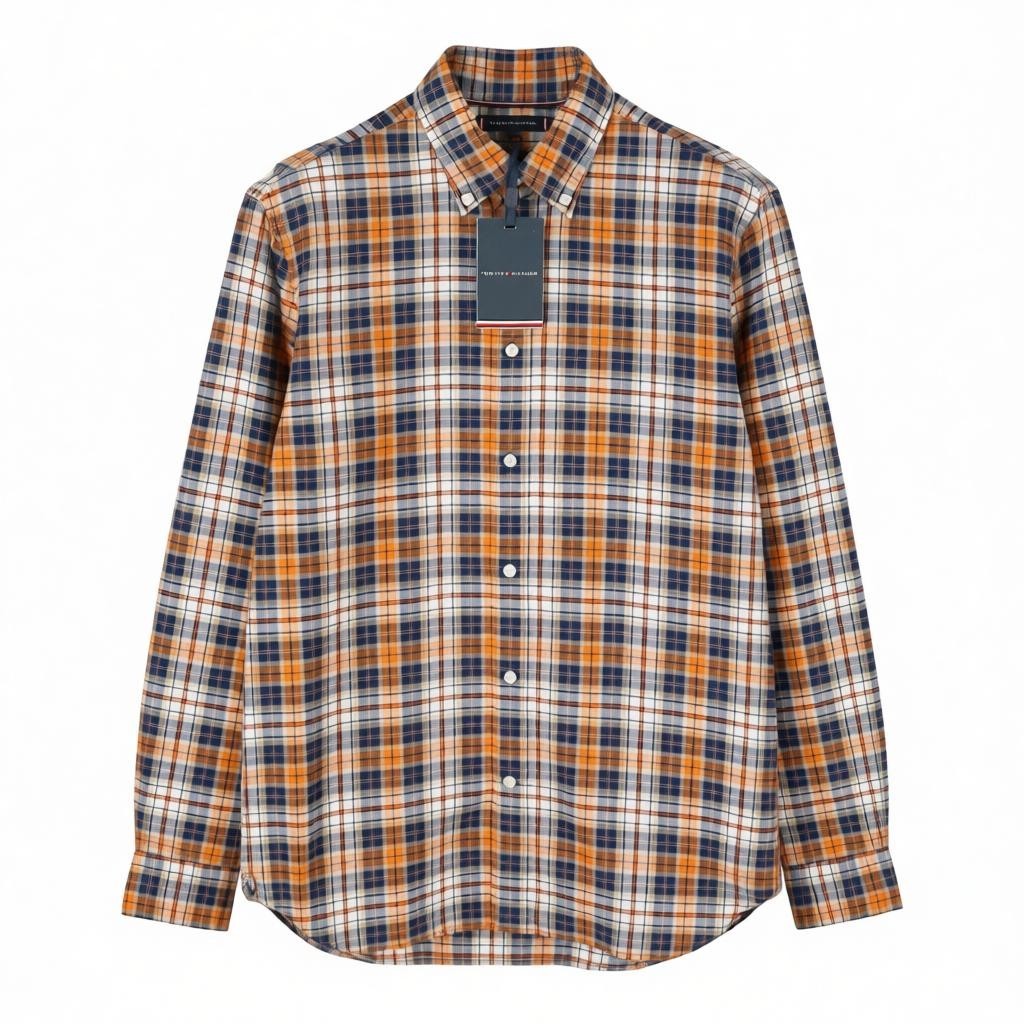 TOMMY HILFIGER THFlex Poplin Men Shirt M Plaid Colourful Button-Down Neck Casual