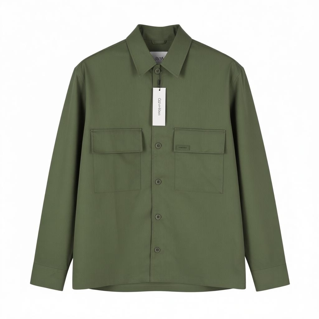 CALVIN KLEIN Minimal Twill Tail Men Shirt S Green Spread Patch Pocket Overshirt