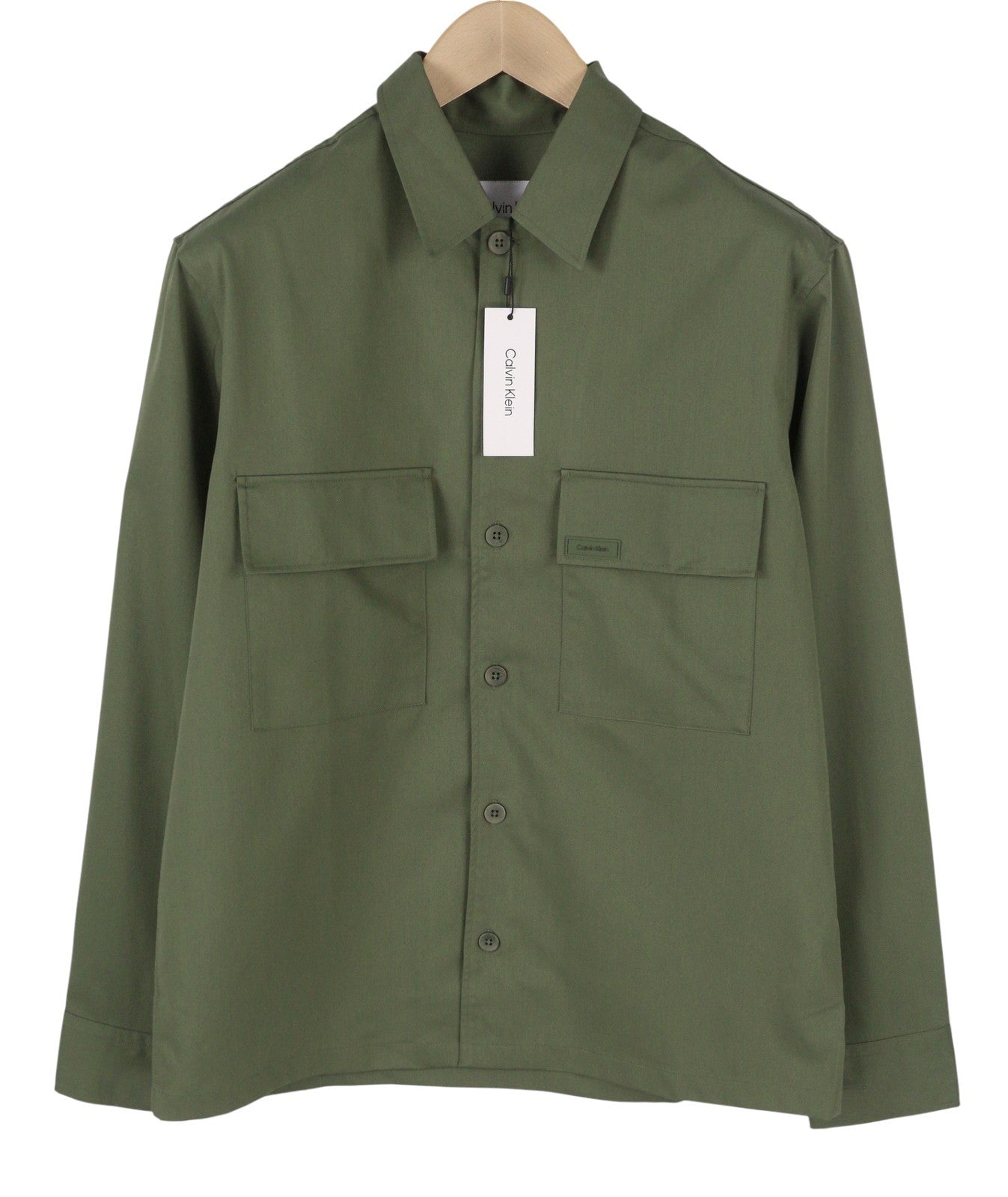 CALVIN KLEIN Minimal Twill Tail Men Shirt M Green Spread Patch Pocket Overshirt
