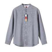 TOMMY HILFIGER Linen Mix Men Shirt L Blue Mandarin Neck Striped Button-Up Casual