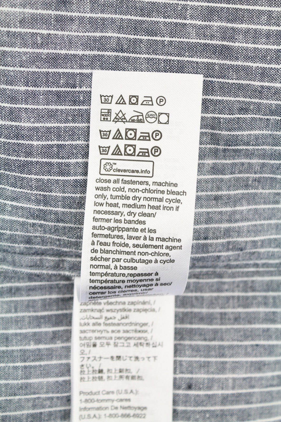 TOMMY HILFIGER Linen Mix Men Shirt L Blue Mandarin Neck Striped Button-Up Casual