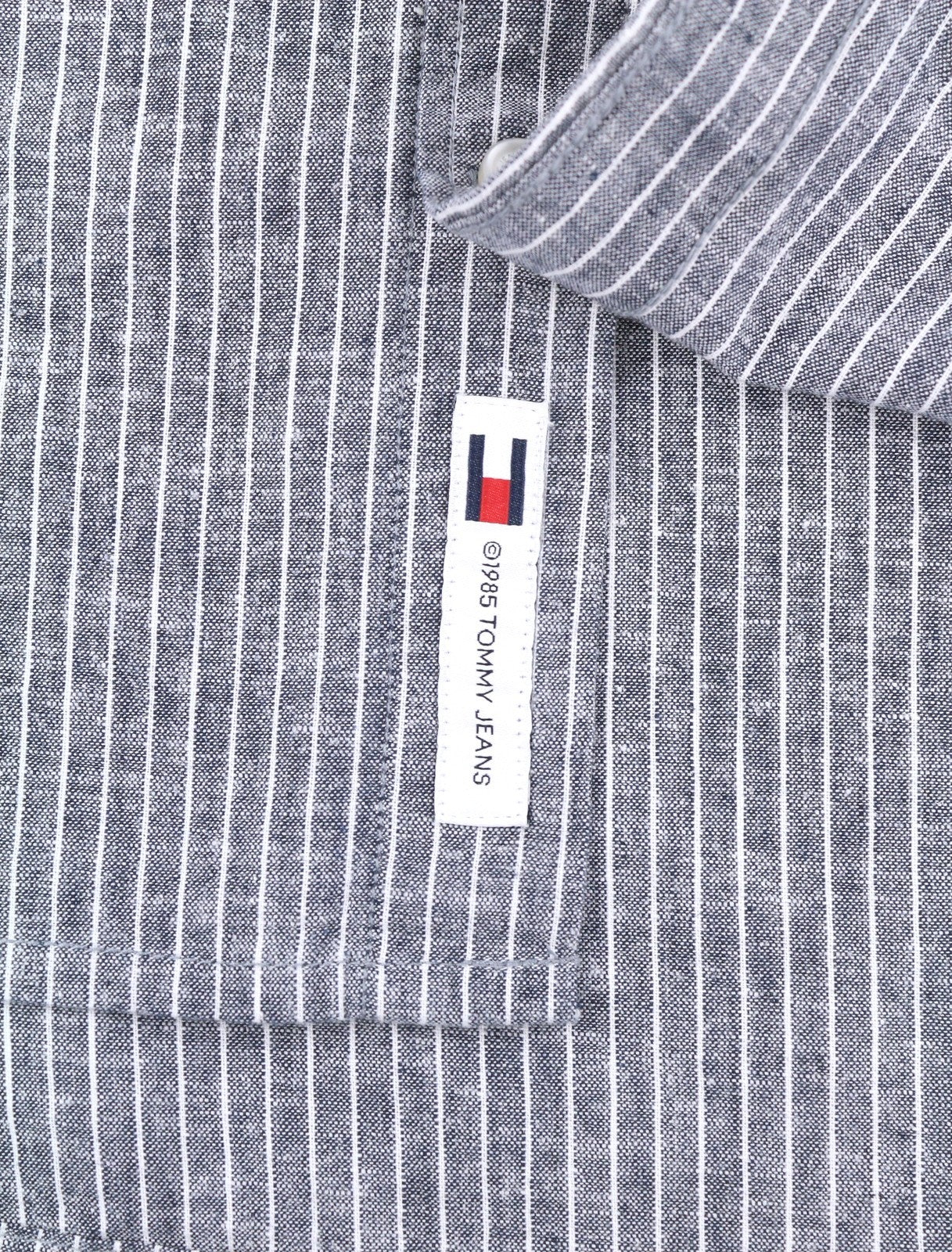 TOMMY HILFIGER Linen Mix Men Shirt L Blue Mandarin Neck Striped Button-Up Casual
