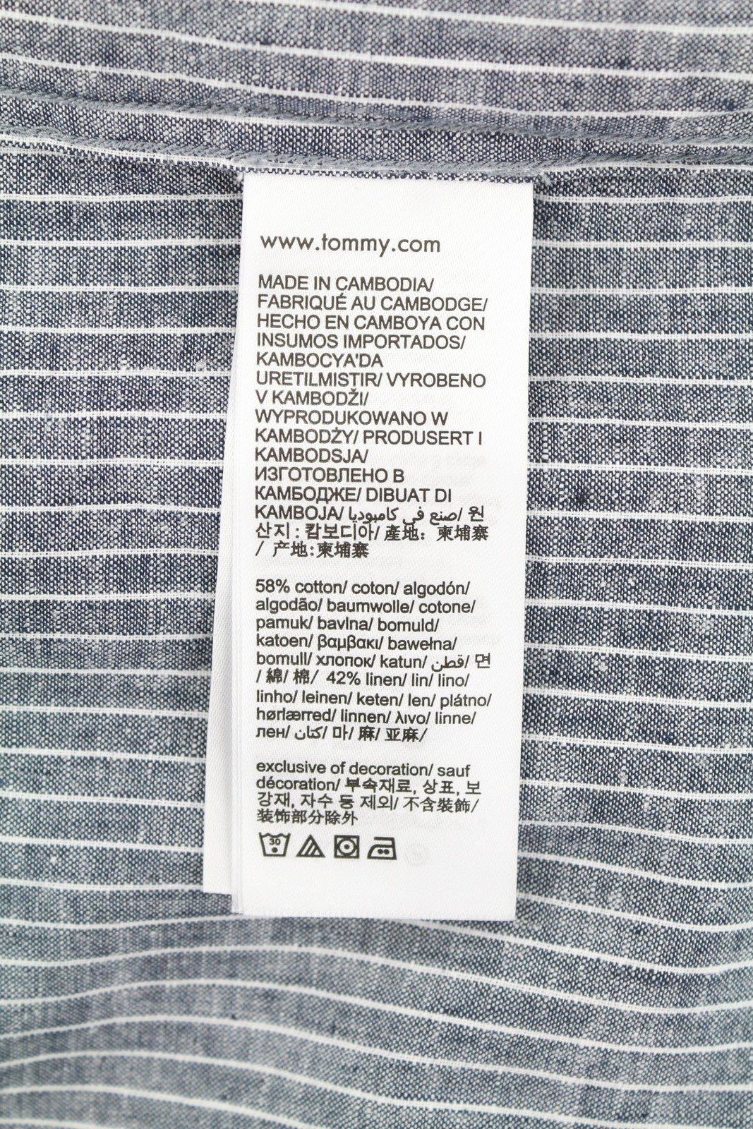 TOMMY HILFIGER Linen Mix Men Shirt L Blue Mandarin Neck Striped Button-Up Casual