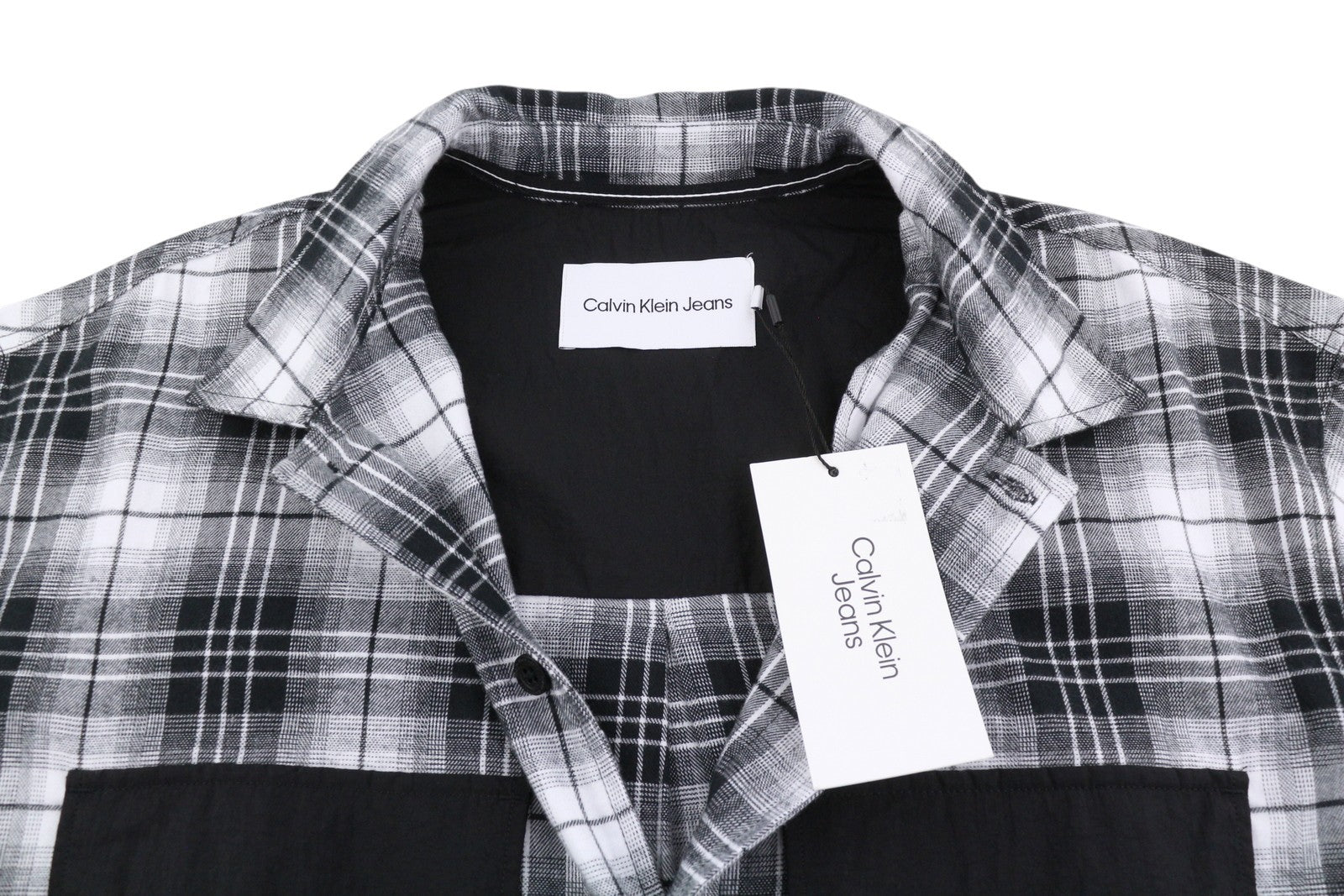 CALVIN KLEIN Men Shirt L Flannel Plaid Patch Pockets Spread Neck Logo Casual
