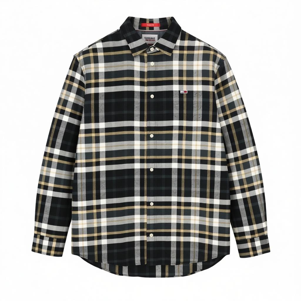 TOMMY HILFIGER Men Shirt M Flannel Plaid Classic Fit Spread Neck Button-Up Logo