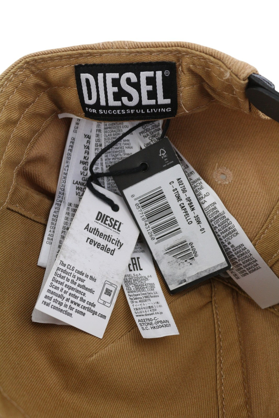 DIESEL C-Stone Men's Cap One Size Baseball D-Rill Usion Brown Cotton Logo