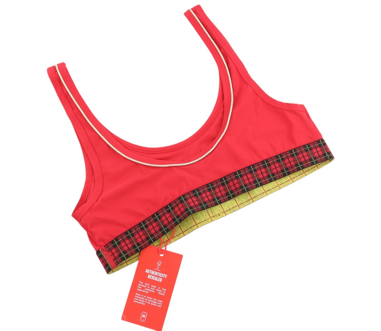 DIESEL Ufsb-Lizzys Women's Bra S Red Tartan Sleeveless Logo Round Neck Top