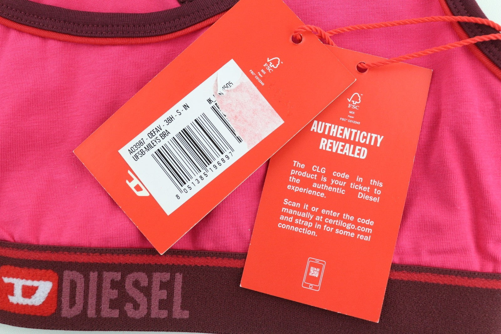 DIESEL Ufsb-Mileys Women's Sports Bra S Pink Logo Stretch Sleeveless Training