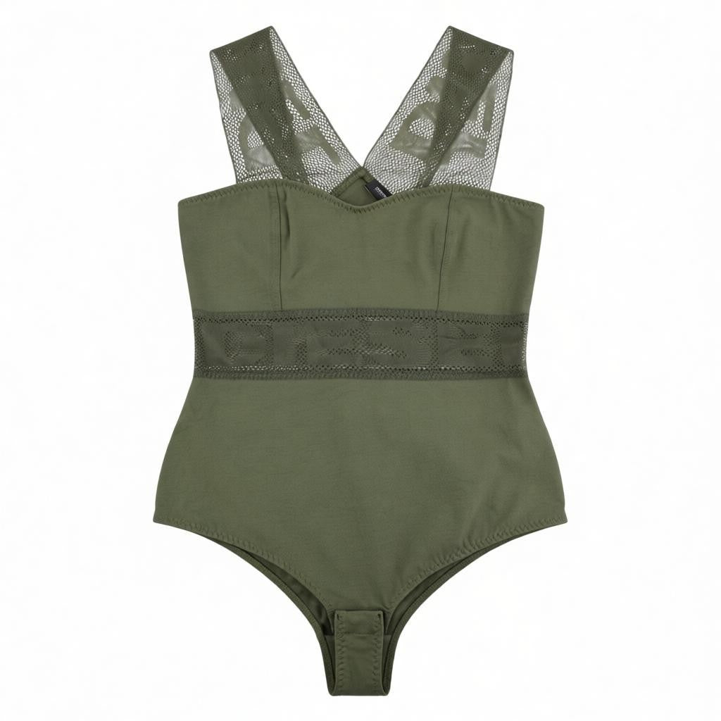 DIESEL Ufby-Bodymesh UW Women's Bodysuit S Khaki V-Neck Stretch Light Layer