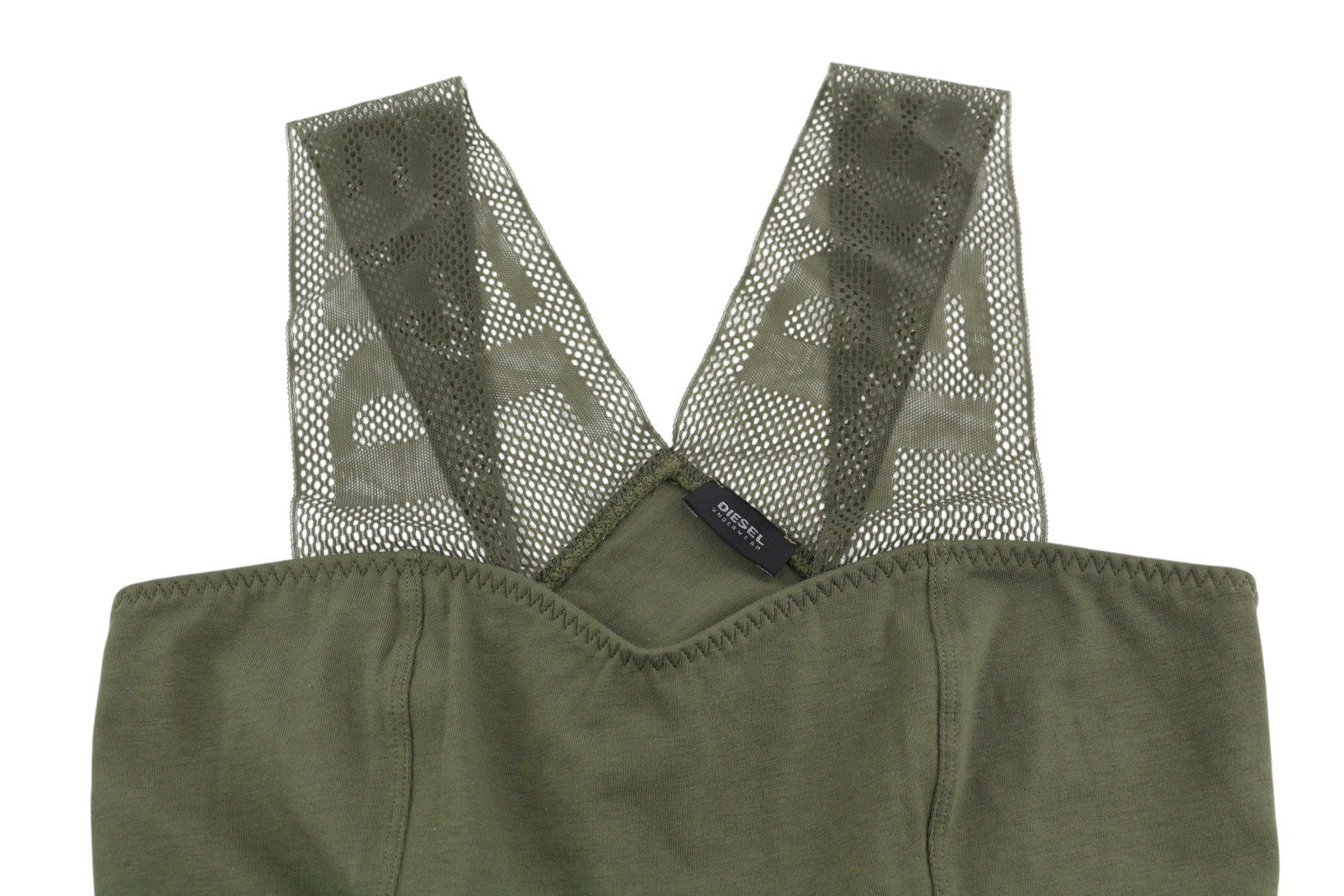 DIESEL Ufby-Bodymesh UW Women's Bodysuit S Khaki V-Neck Stretch Light Layer