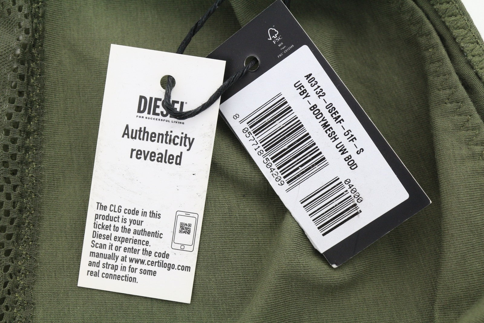 DIESEL Ufby-Bodymesh UW Women's Bodysuit S Khaki V-Neck Stretch Light Layer