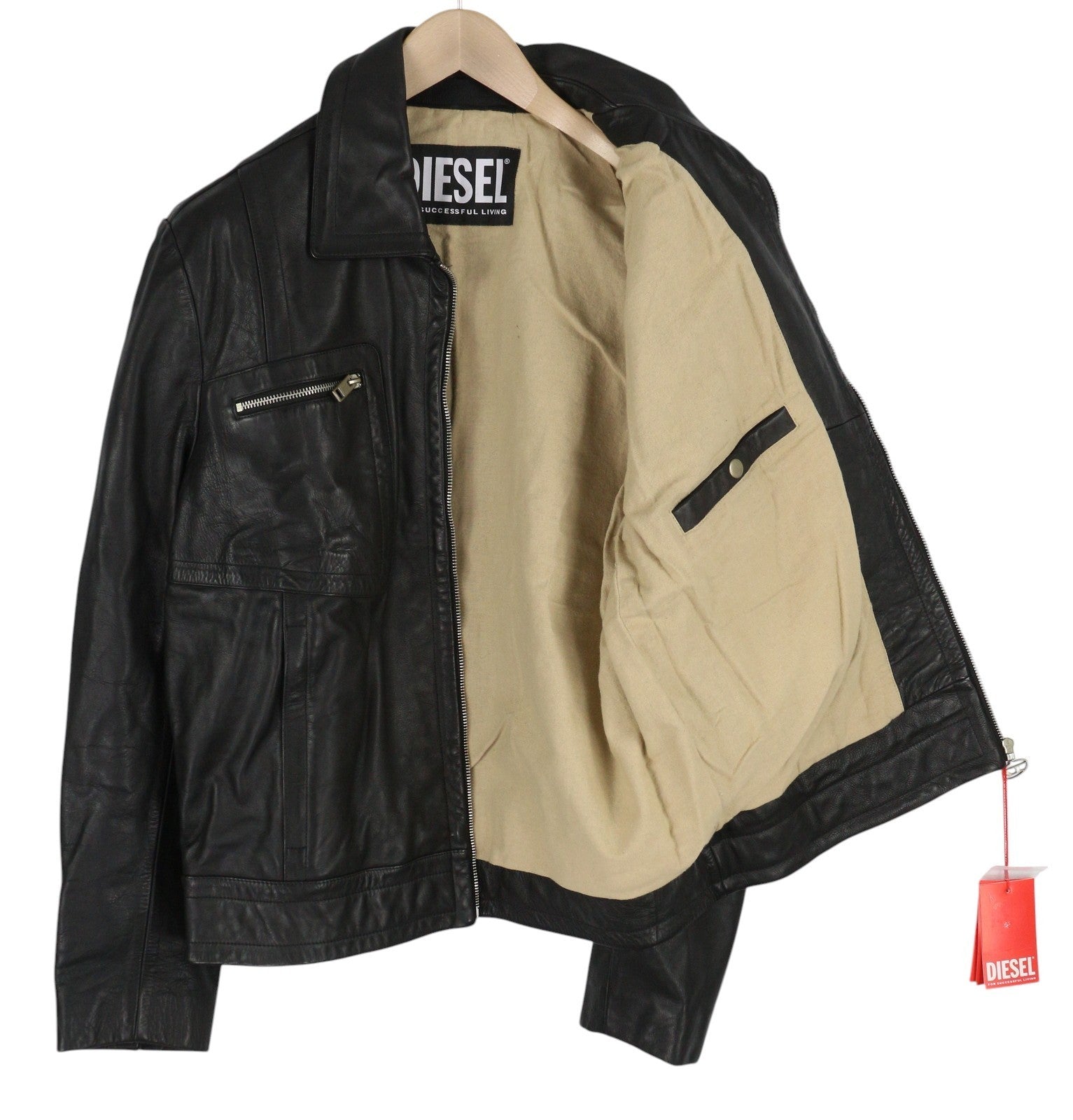 DIESEL L-Cale Men's Jacket L Black Cowhide Leather Polo Neck Light Style RRP650