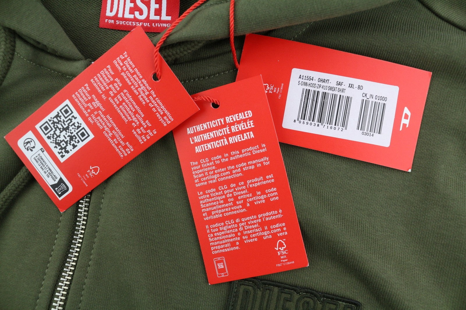 DIESEL S-Ginn-Hood-Zip-K10 Men's Hoodie 2XL Green Zip Cotton Pocketed RRP160