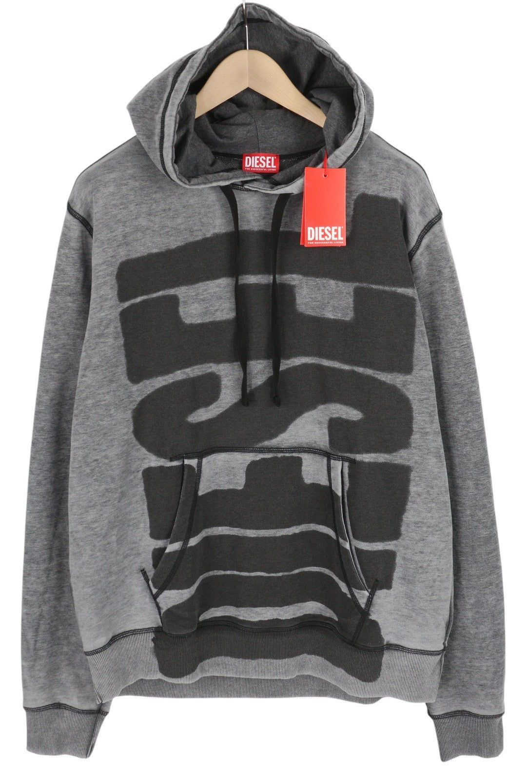 DIESEL S-Ginn-Hood-L1 Men Hoodie 2XL Grey Washed Pullover Hooded Pocket RRP250