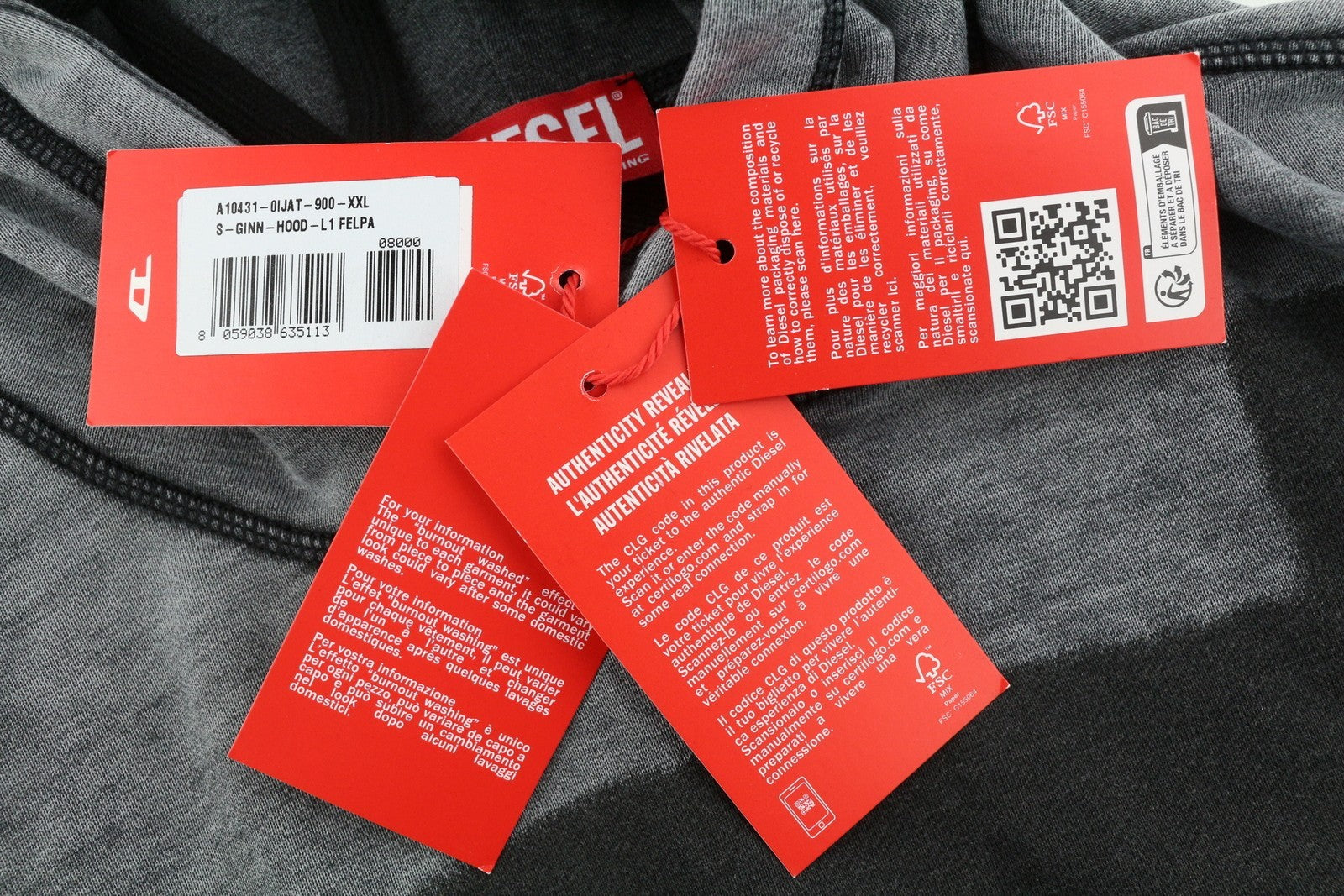 DIESEL S-Ginn-Hood-L1 Men Hoodie 2XL Grey Washed Pullover Hooded Pocket RRP250