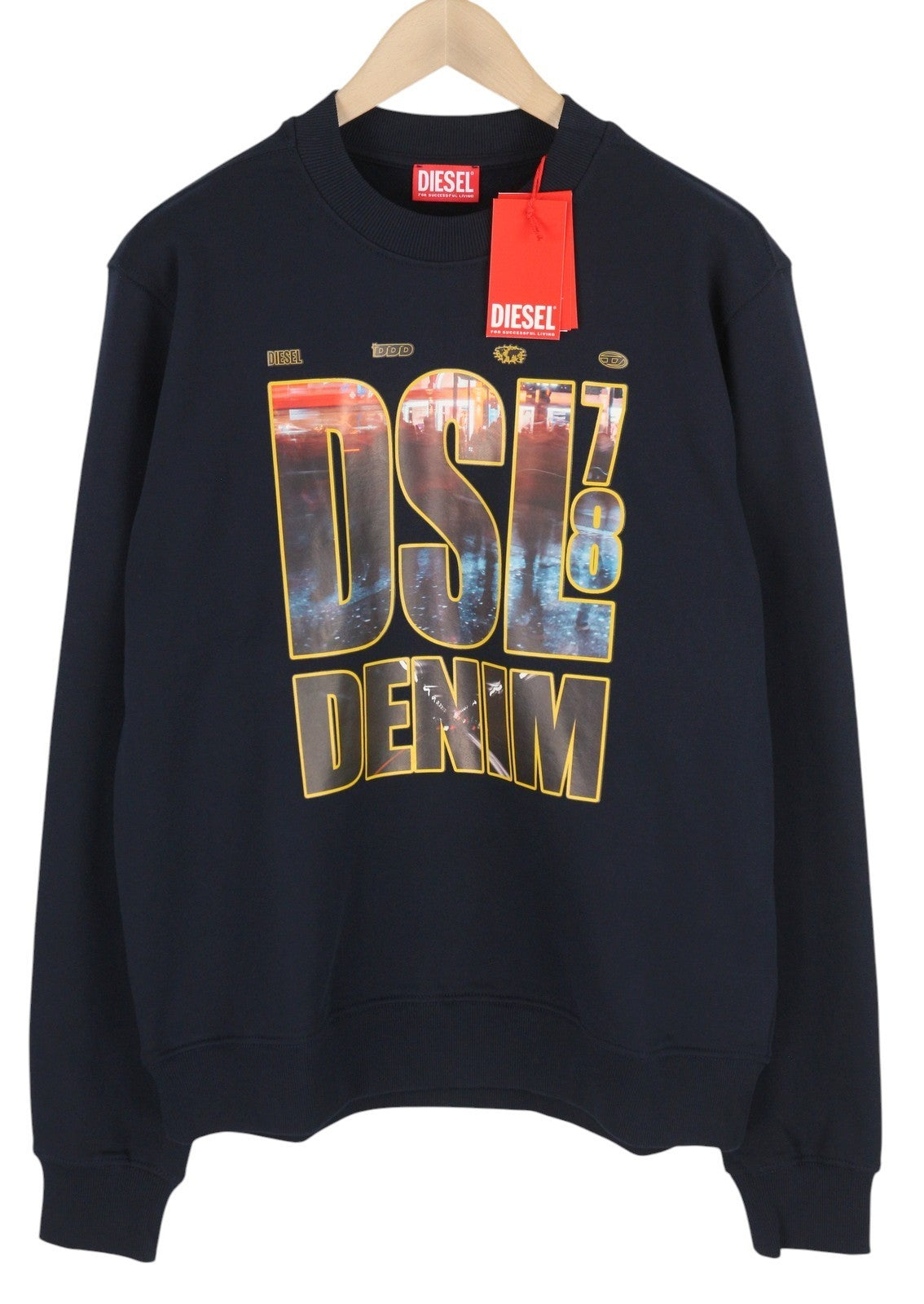 DIESEL S-Ginn-L3 Men's Sweatshirt 2XL Dark Blue Pattern Logo Crew Neck RRP150