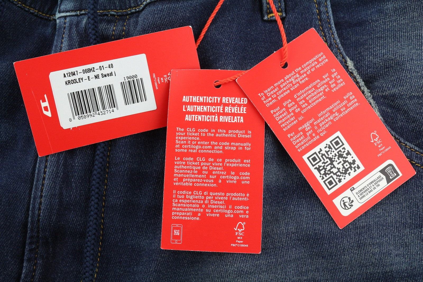 DIESEL Krooley-E-Ne 068HZ Men's Jeans W40 Jogg Drawstring Washed Blue Denim