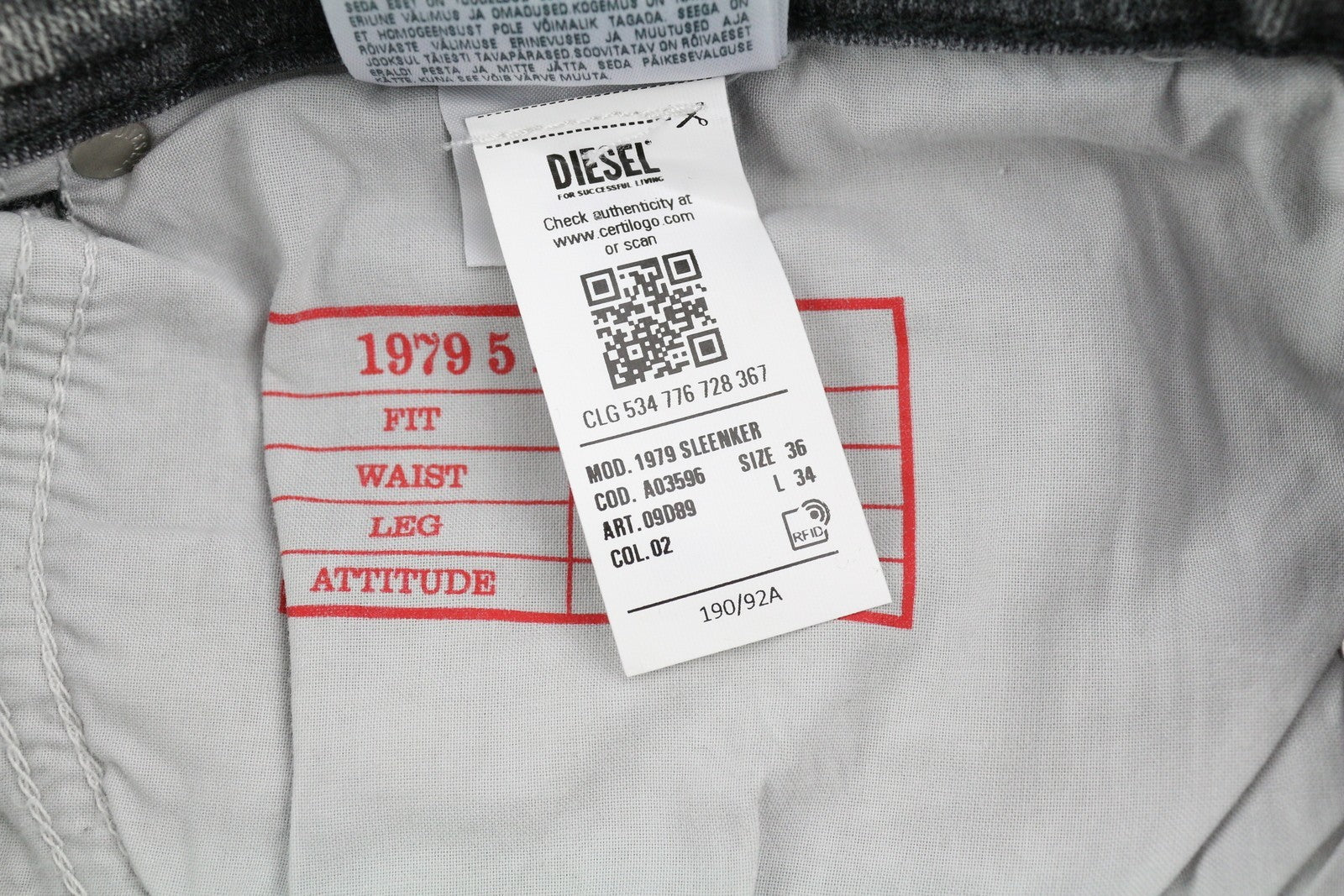 DIESEL 1979 Sleenker 09D89 Men's Jeans W36/L34 Stretch Skinny Grey Low RRP195