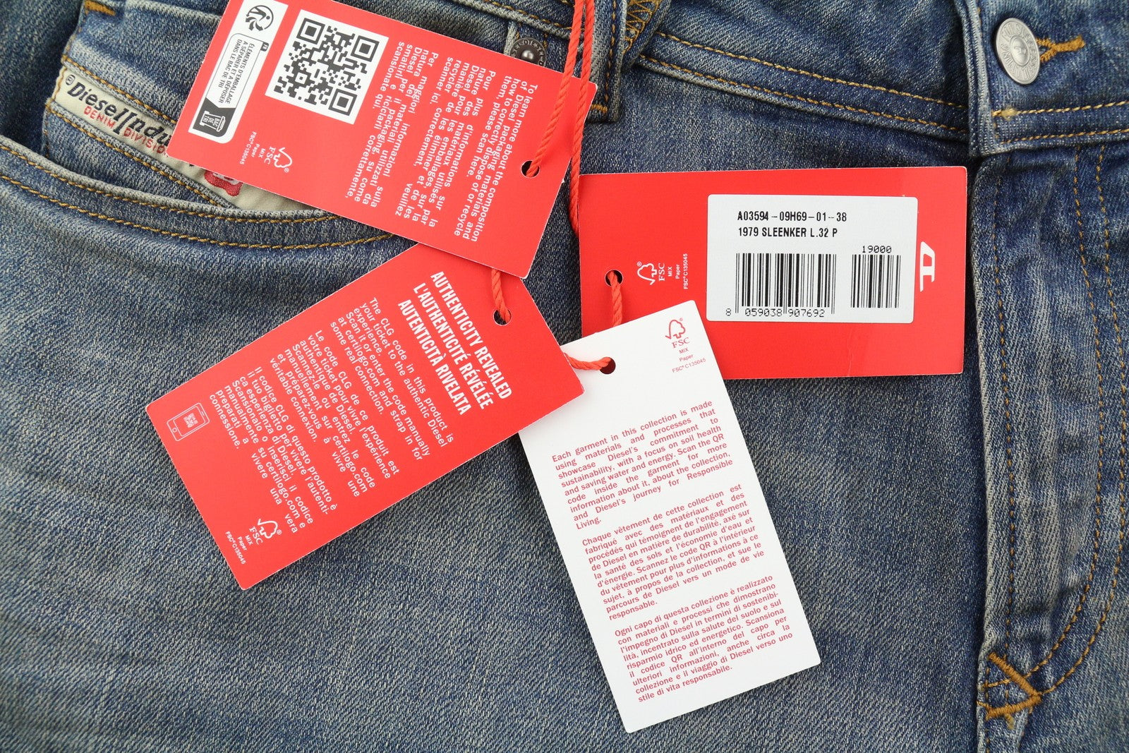 DIESEL 1979 Sleenker 09H69 Men's W38/L32 Skinny Low Rise Zip Blue Denim RRP225