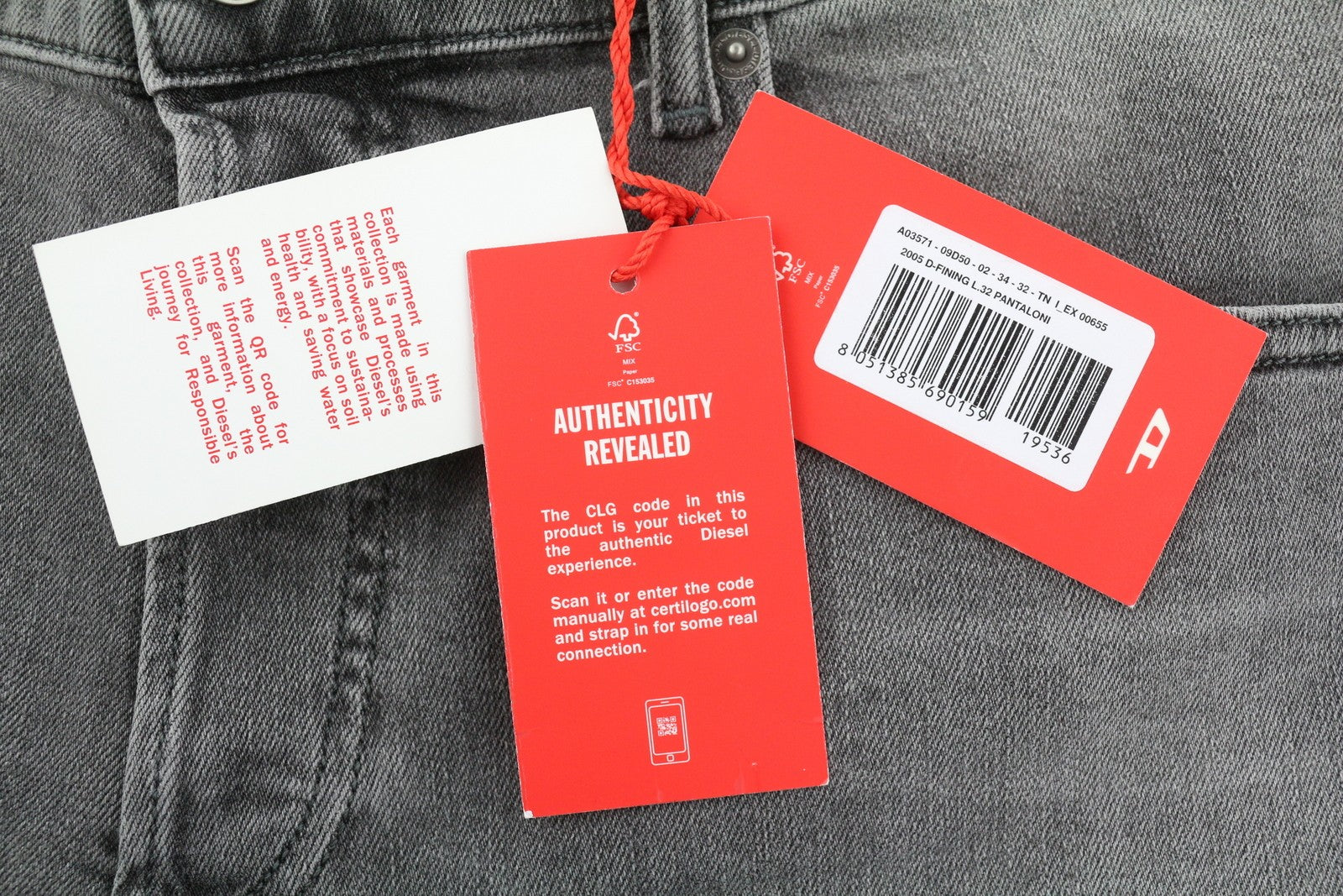 DIESEL 2005 D-Fining 09D50 Men's W34/L32 Grey Denim Regular Buttoned Fit