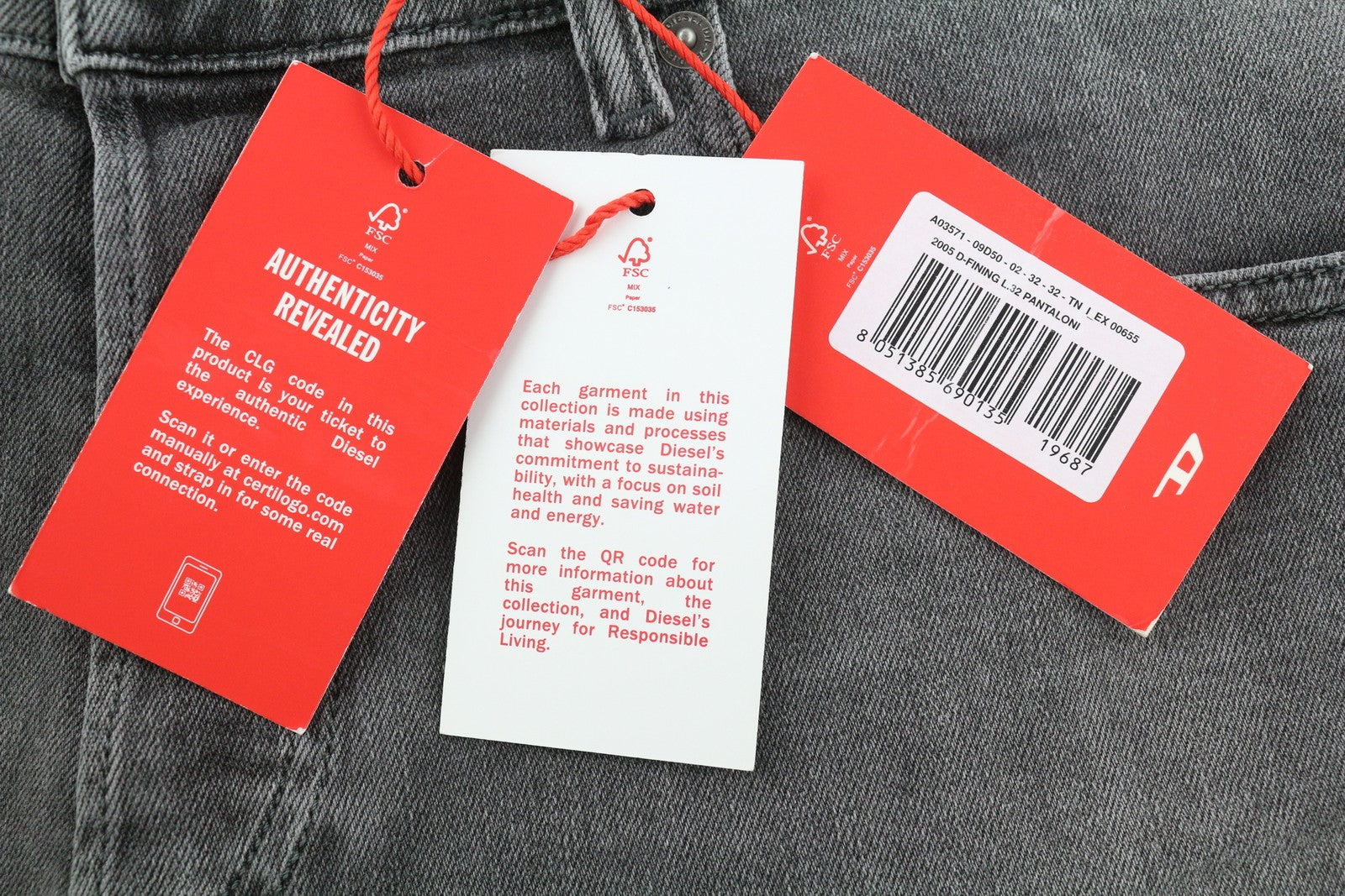 DIESEL 2005 D-Fining 09D50 Men's W32/L32 Grey Denim Buttoned Regular Fit