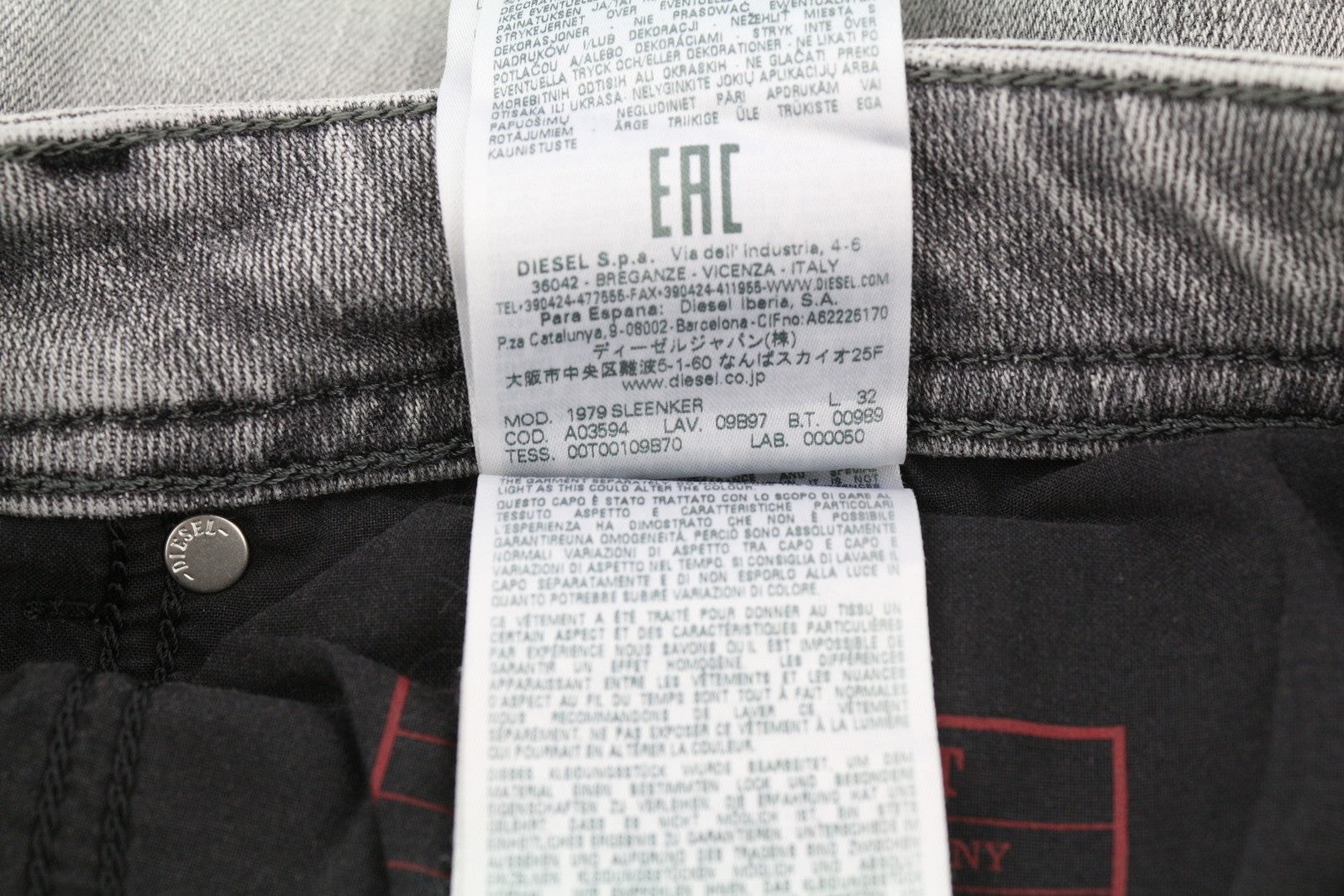 DIESEL 1979 Sleenker E9B97 Men's W34/L32 Skinny Grey Denim Low Waist RRP250