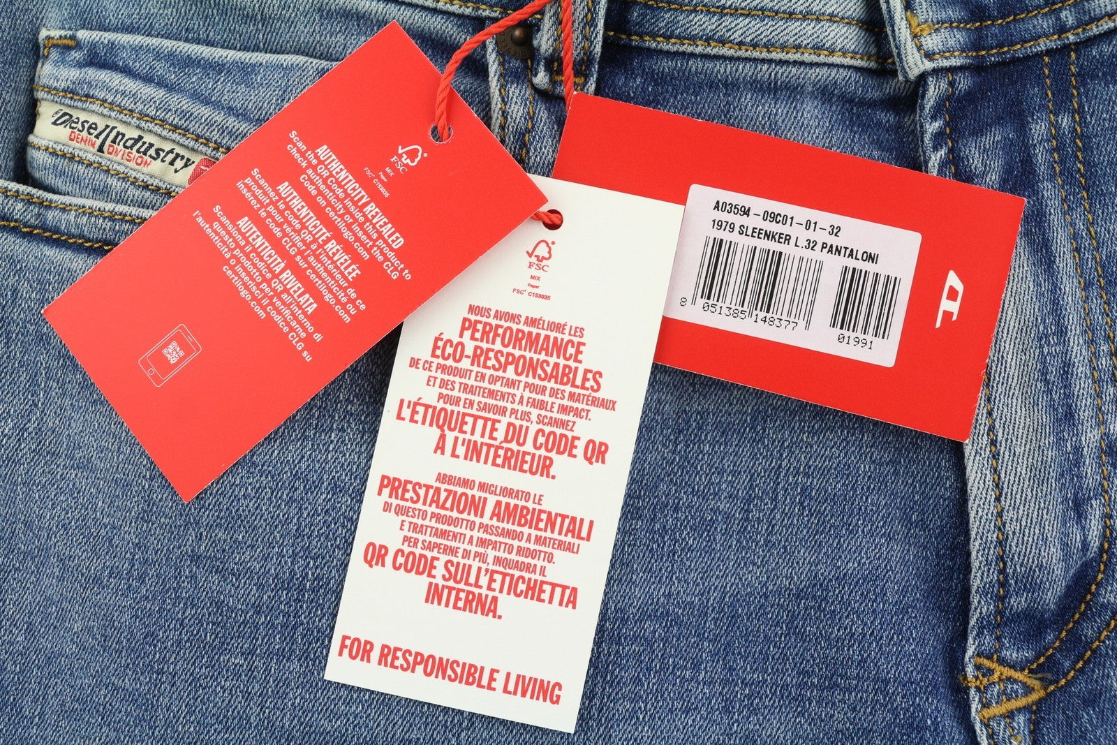 DIESEL Sleenker-Z 09C01 Men's W32/L32 Skinny Washed Blue Zip Fly Denim RRP195