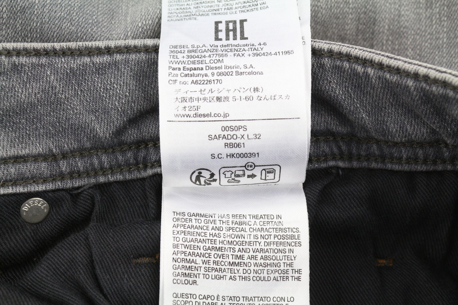 DIESEL Safado-X RB061 Men's W36/L32 Straight Grey Washed Denim Button RRP175