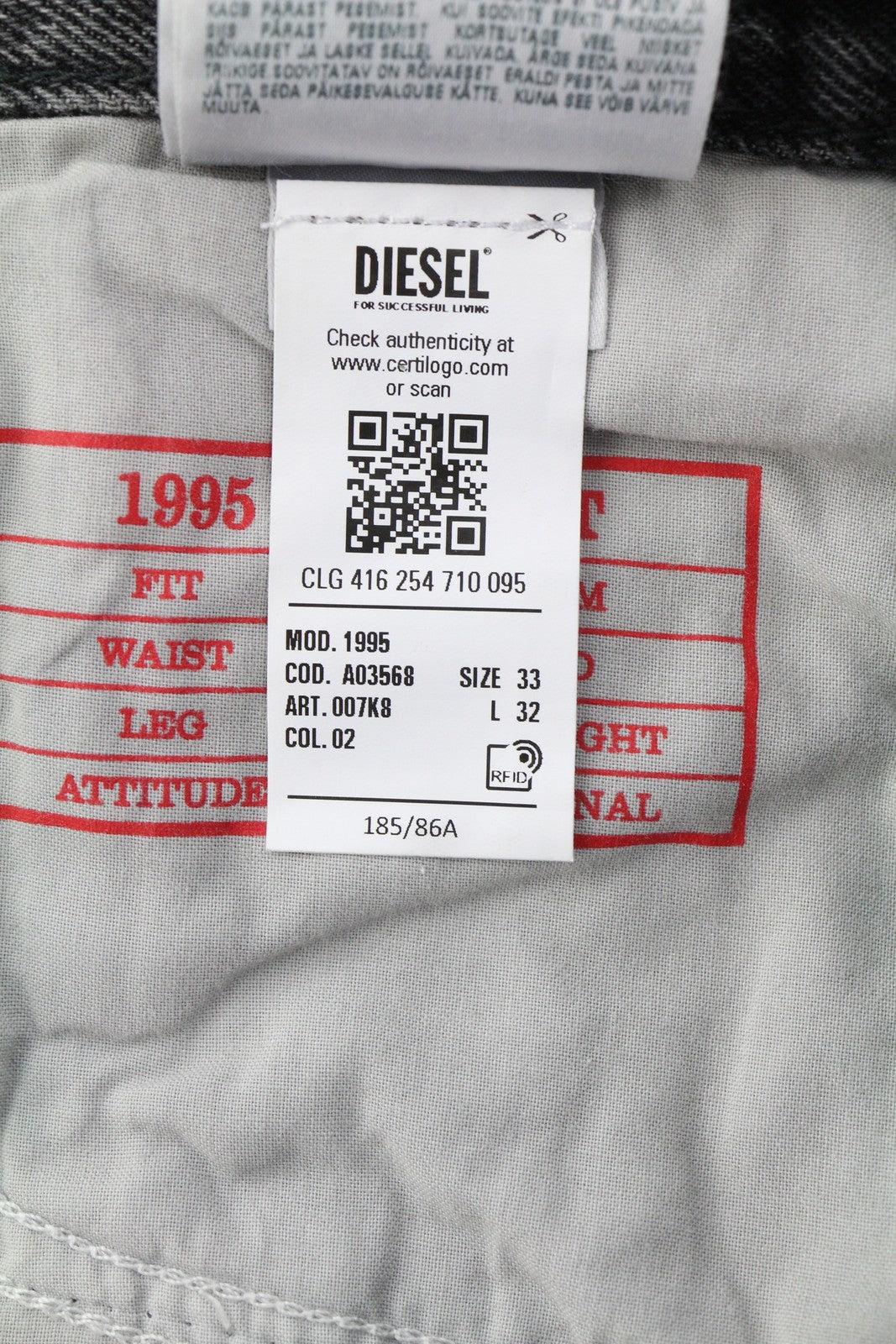 DIESEL 1995 007K8 Men's W33/L32 Slim Straight Grey Distressed Denim RRP195