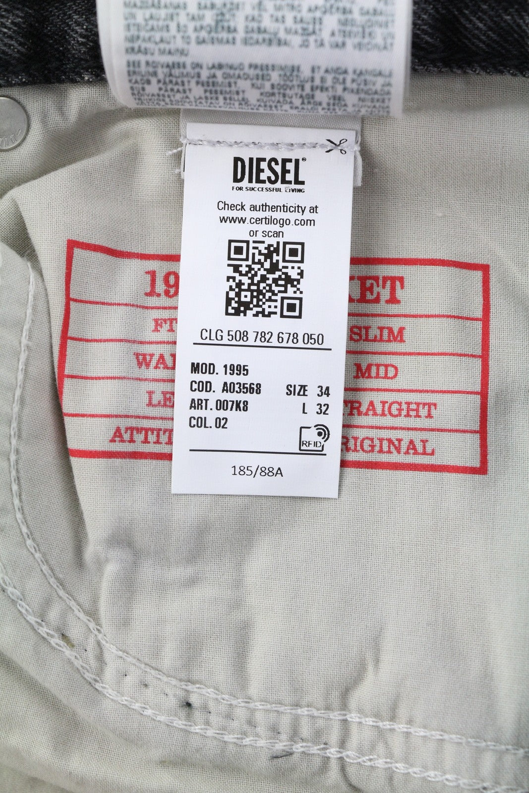 DIESEL 1995 007K8 Men's W34/L32 Slim Straight Distressed Grey Denim RRP195