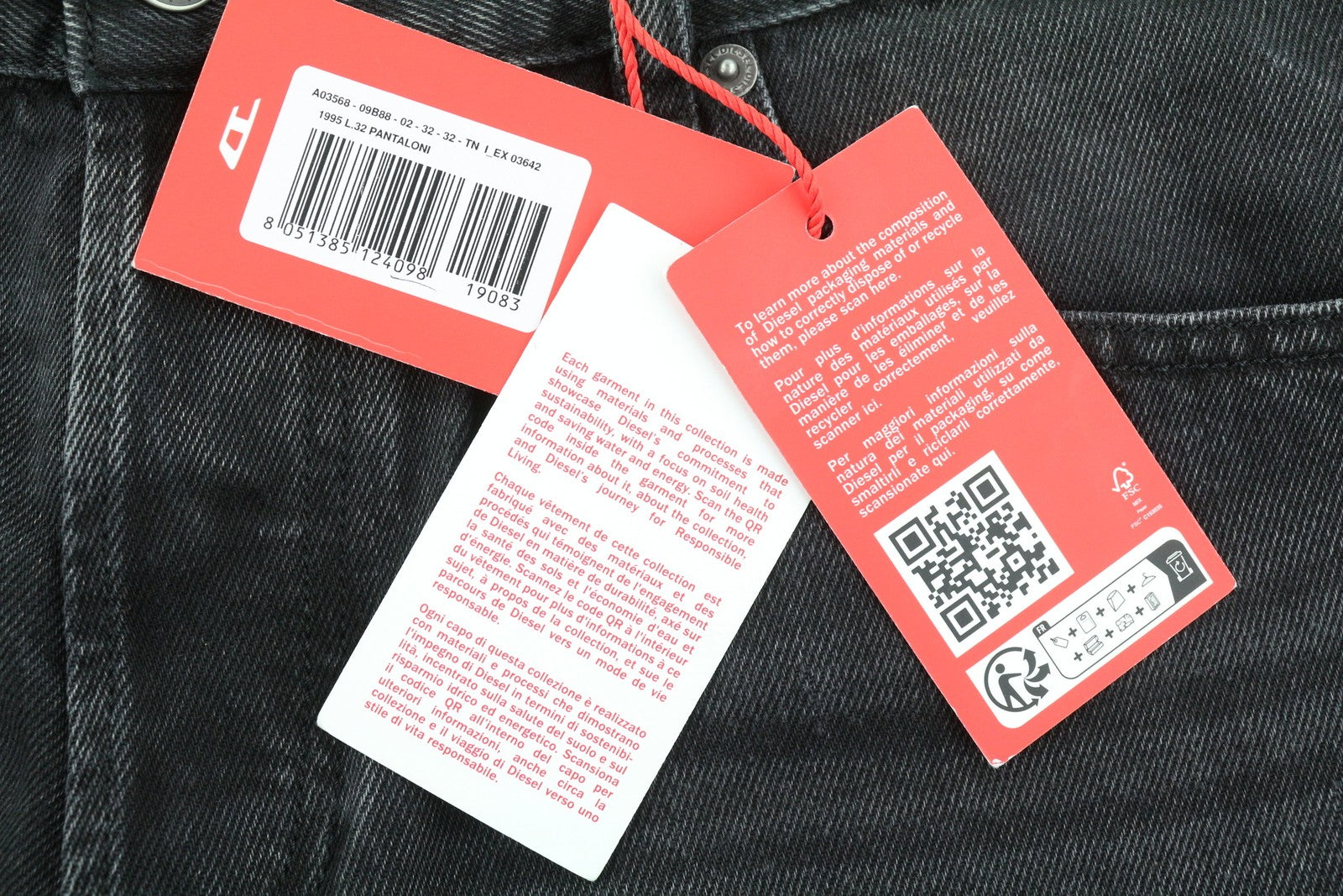 DIESEL 1995 09B88 Men's W32/L32 Slim Black Straight Button Washed Denim RRP185