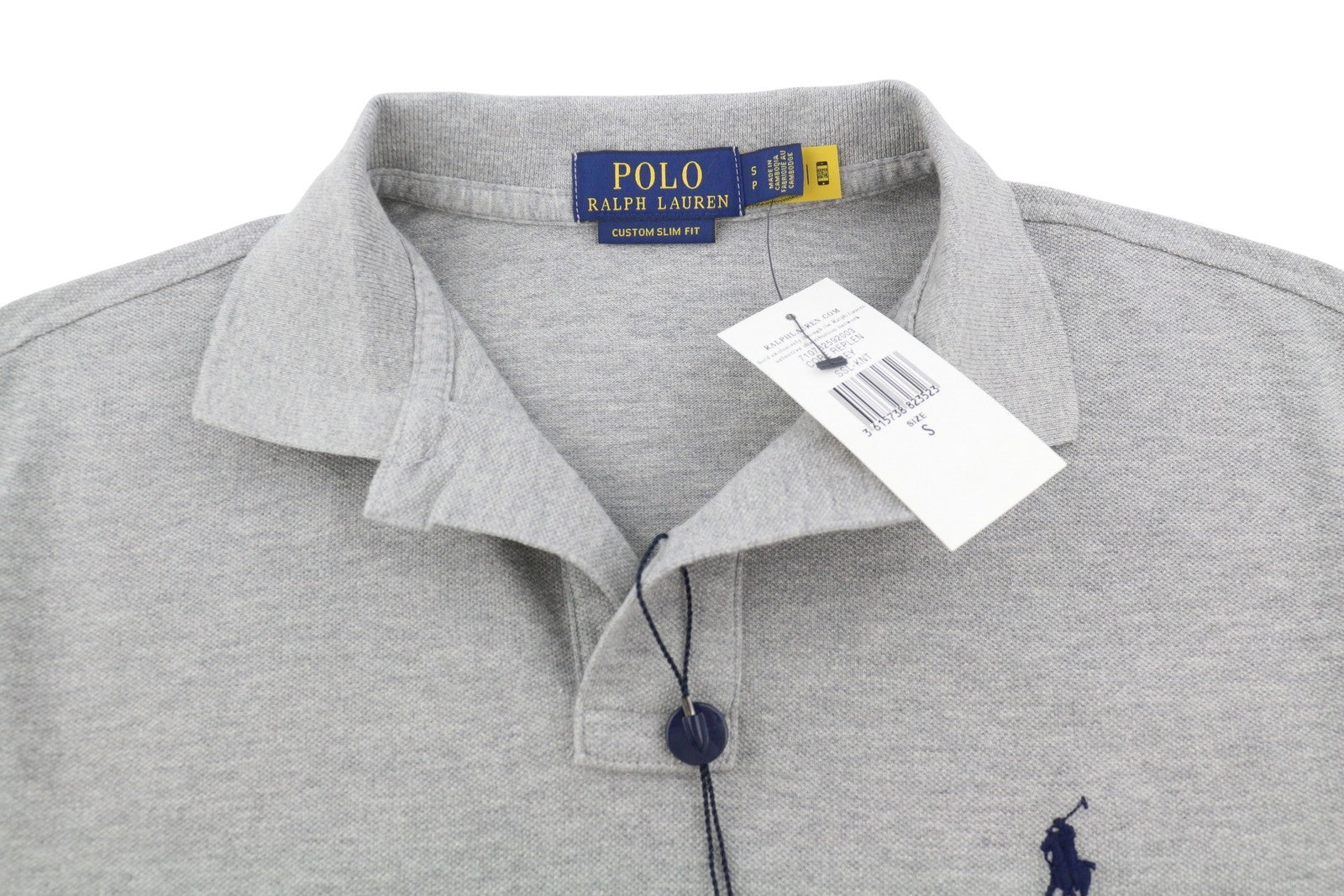 RALPH LAUREN Custom Slim Fit Men Polos S Grey Melange Cotton Logo Short Sleeve