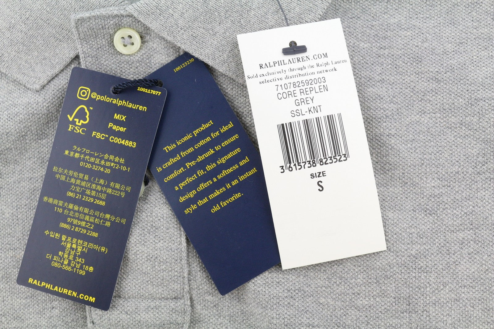 RALPH LAUREN Custom Slim Fit Men Polos S Grey Melange Cotton Logo Short Sleeve