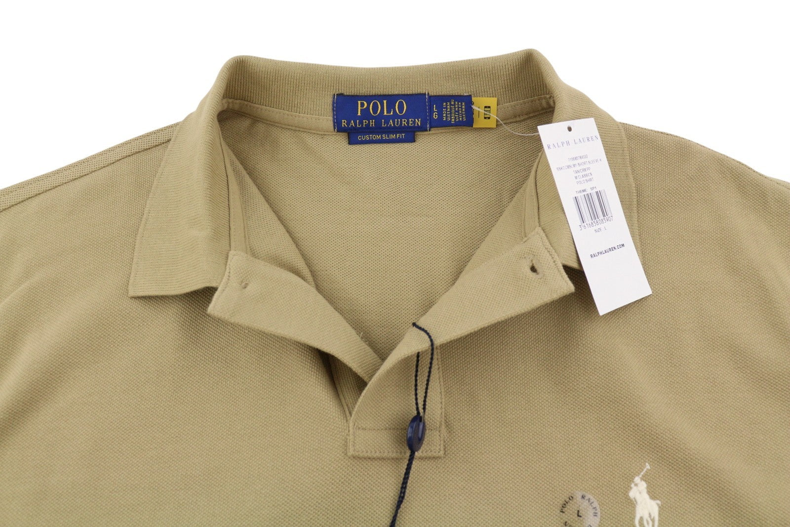 RALPH LAUREN Custom Slim Fit Men Polos L Beige Embroidered Logo Short Sleeve