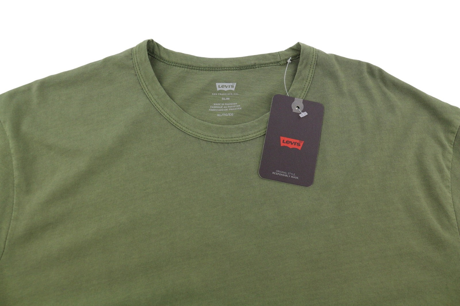 LEVI'S Slim Men T-Shirt XL Khaki Green Tricot Cotton Crew Neck Short Sleeve