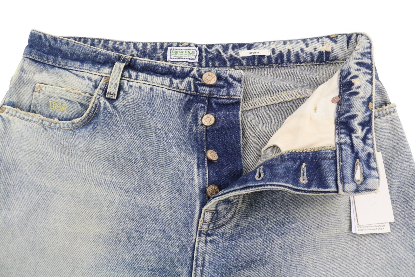 GUESS USA Gudl Men Jeans W32/L32 Blue Whiskers Faded Bootcut Button Fly RRP380