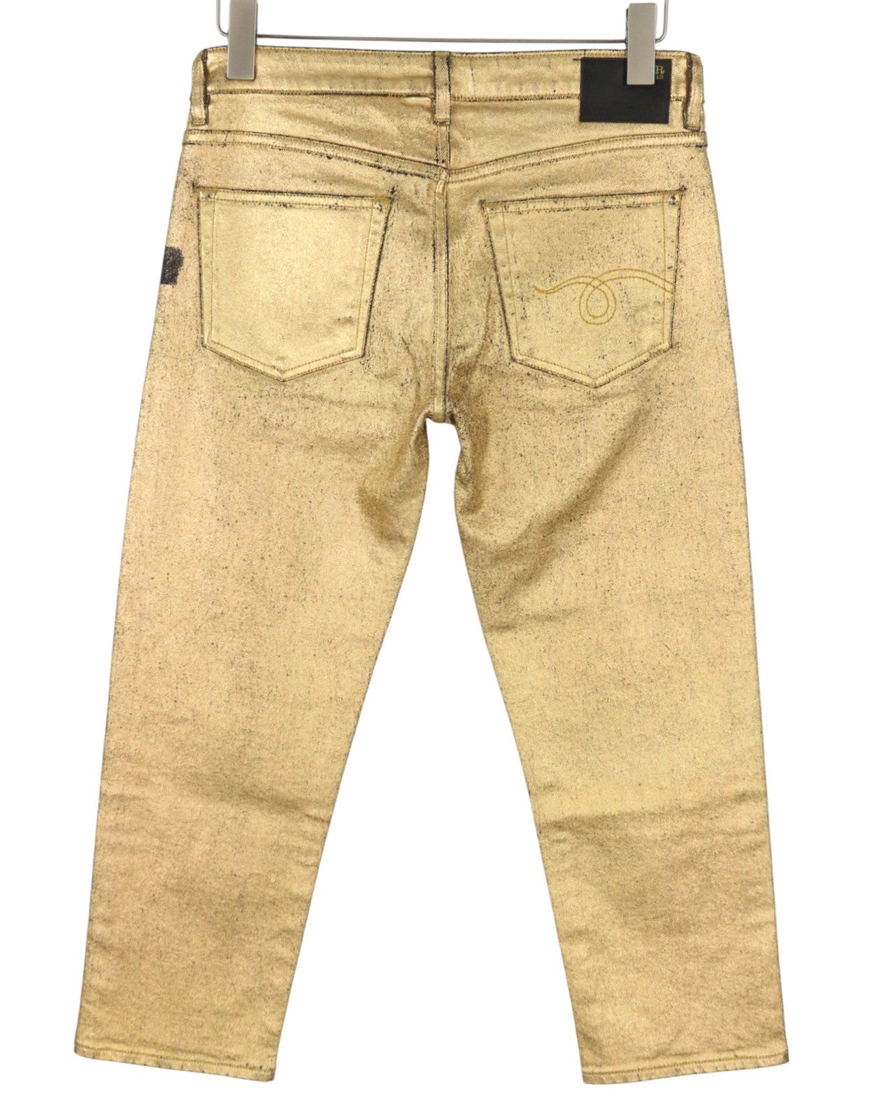 R13 Boy Straight Women Jeans 27 Stretch Gold Indigo Shiny Giller Cropped